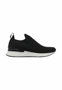 Sneaker nera senza lacci con parte superiore testurizzata, intersuola bianca e dettagli neri. Presenta un design leggero e un profilo minimalista.