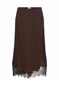 Brauner Rock mit einem strukturierten Stoff und einem gewellten Saum aus schwarzer Spitze. Das Design umfasst einen elastischen Bund für einen sicheren Sitz.