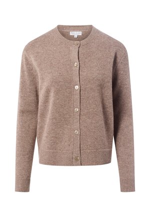 Bruine gebreide cardigan met een ronde halslijn, sluiting met knopen aan de voorkant, geribde manchetten en een geribde zoom. Voorzien van grote, lichtgekleurde knopen.