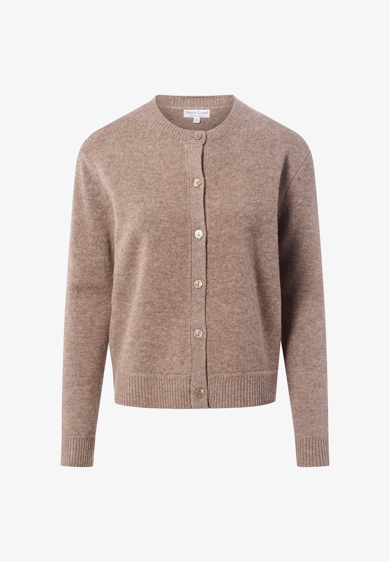 Bruine gebreide cardigan met een ronde halslijn, sluiting met knopen aan de voorkant, geribde manchetten en een geribde zoom. Voorzien van grote, lichtgekleurde knopen.