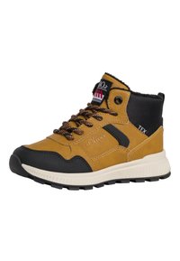 Sneaker high-top marrone e nero in pelle strutturata e mesh, con lacci marroni, suola bianca e dettaglio del logo sul lato.