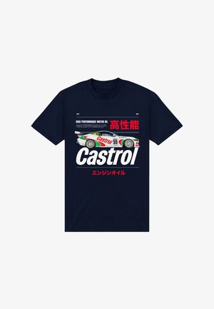 Marineblauw shirt met een witte en groene raceauto, "Castrol"-logo, "High Performance Motor Oil" en Japanse tekst in rood en wit.