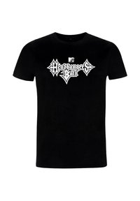 Černé bavlněné tričko s bílým grafickým logem a textem "MTV Headbangers Ball." Krátké rukávy a design s kulatým výstřihem.