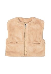 Beige nepdons vest zonder mouwen met een ronde halslijn, open voorkant en een zachte pluche textuur, liggend op een witte achtergrond.