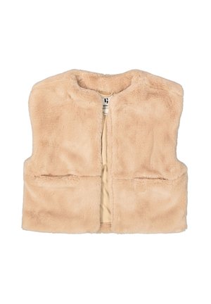 Beige nepdons vest zonder mouwen met een ronde halslijn, open voorkant en een zachte pluche textuur, liggend op een witte achtergrond.
