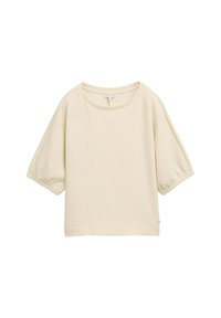 Hellbeige Kurzarmoberteil mit Rundhalsausschnitt, strukturiertem Stoff und gerafften Ärmeln. Legere und kastige Silhouette, minimale Markenkennzeichnung.