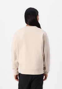 Sweatshirt bege de gola redonda, ajuste descontraído, textura suave, punhos e bainha canelados, design simples, sem padrões ou logótipos visíveis.