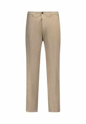 Chino beige in cotone, con un taglio classico a gamba dritta, chiusura frontale con bottone e tasche laterali con una superficie liscia.
