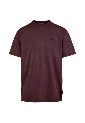 Burgundy short-sleeve t-shirt made of soft cotton, featuring a crew neck and subtle embroidered logo on the chest. Smooth texture.
