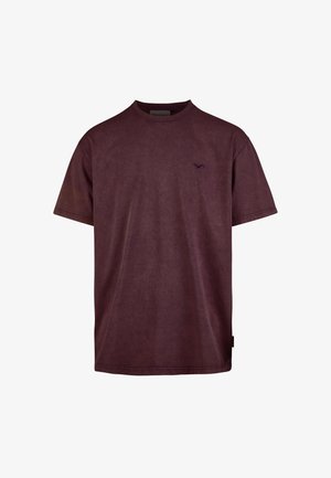 Burgunderfarbener Kurzarm-T-Shirt aus weicher Baumwolle, mit Rundhalsausschnitt und dezentem gesticktem Logo auf der Brust. Glatte Textur.