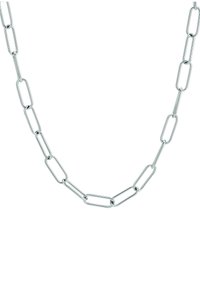 Sølv kædedyse med forlængede, sammenkoblede ovale led med en poleret finish. Designet er glat med en ensartet tekstur.