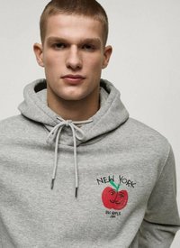 Felpa grigia con cappuccio regolabile, con una grafica di una mela rossa con caratteristiche facciali e il testo "NEW YORK BIG APPLE 184" in nero.