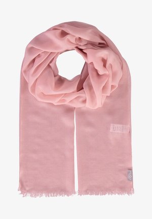 Sciarpa rosa chiaro realizzata in un materiale morbido e leggero. Presenta un bordo frangiato e un'etichetta attaccata con le istruzioni per la cura.