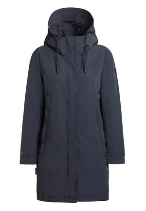 Abrigo largo impermeable de color azul marino, con capucha, cremallera frontal y dos bolsillos laterales. Fabricado en tejido ligero y texturizado con cordones.