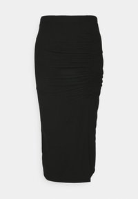 Musta bodycon midi-hame, jossa on rypytystiedot, teksturoitu kangas, istuva muoto ja polven pituinen helma. Ei näkyviä kiinnityksiä tai taskuja.