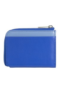 Portafoglio in pelle blu con una zip blu testurizzata. Presenta un frontale in pelle liscia e un design piatto, adatto per carte e contante.