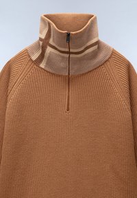 Bruine gebreide pullover met een hoge kraag, met een ritssluiting bij de hals en een horizontaal streepmotief in lichtere kleuren op de kraag.
