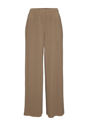 Brown ribbed knit wide-leg pants with elastic waistband, designed for comfortable fit and relaxed style.