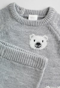 Gray knit sweater featuring a polar bear design on the front, textured ribbed neckline and cuffs, soft fabric, and "NEXT baby" label.