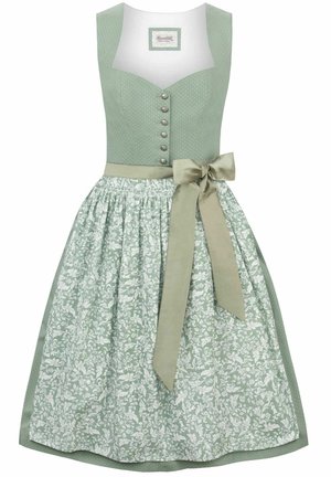 Light green dirndl with a fitted bodice, adorned with silver buttons, and a flared, patterned skirt featuring floral prints and a matching sash.