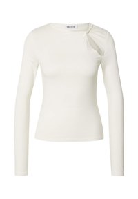 Weißes Langarmshirt aus glattem Stoff, mit einer verdrehten Detail am Schulter und einer taillierten Silhouette. Schlichtes Rundhalsdesign.