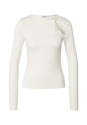 Weißes Langarmshirt aus glattem Stoff, mit einer verdrehten Detail am Schulter und einer taillierten Silhouette. Schlichtes Rundhalsdesign.