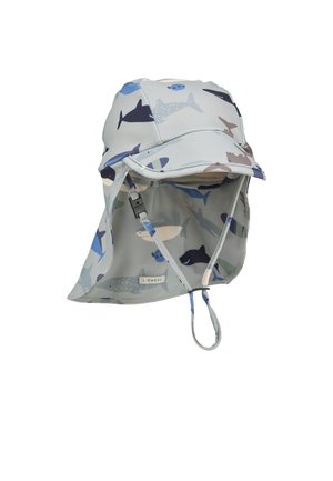 Multifarvet bucket-hat i lysegrå med mønstre af havdyr, bred skygge, nakkekl flap og justerbar hagesnor. Blød stoftekstur.