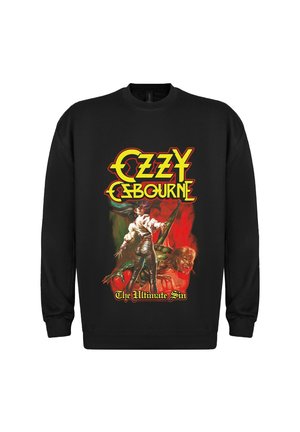 Zwarte sweatshirt met kleurrijke "Ozzy Osbourne" tekst, fantasie kunstwerk van een vrouw en een monster, en de titel "The Ultimate Sin" onderaan.