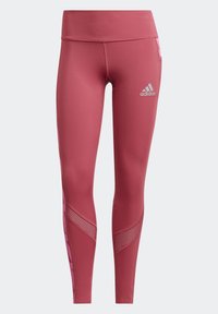 Rosa Sportleggings mit hohem Bund, figurbetontem Schnitt und Mesh-Einsätzen an den Seiten. Mit dem Adidas-Logo in Weiß.