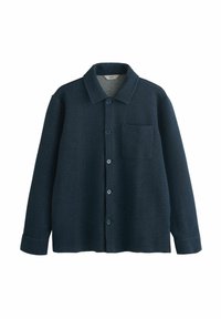 Giacca camicia blu navy con tessuto a trama, chiusura a bottoni sul davanti, colletto e una tasca sul petto. Materiale morbido con dettagli di cucitura visibili.