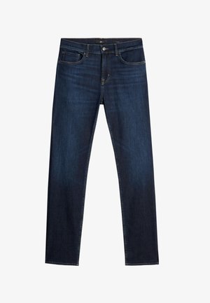 Donkerblauwe denim jeans met een rechte pijp, voorzien van vijf zakken, een knopengulp en gestikte details langs de naden.
