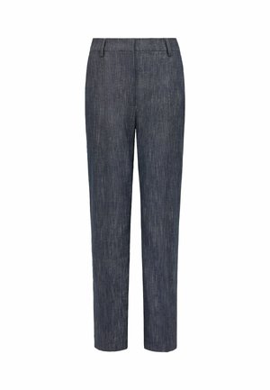 Dunkelgraue, gerade geschnittene Hose mit Gürtelschlaufen und feiner gewebter Struktur, flach auf weißem Hintergrund dargestellt.