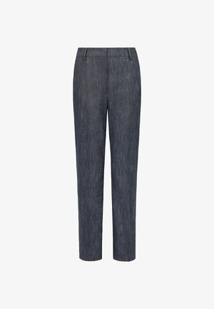 Dunkelgraue, gerade geschnittene Hose mit Gürtelschlaufen und feiner gewebter Struktur, flach auf weißem Hintergrund dargestellt.