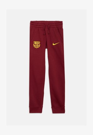 Pantaloni sportivi Nike bordeaux con cintura elastica, tasche laterali, logo Barça giallo e swoosh Nike giallo. Tessuto morbido in misto cotone.