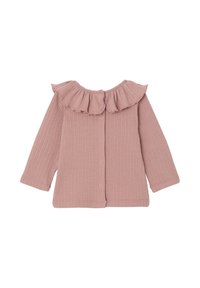 Gestreiftes Langarmoberteil in sanftem Pink mit einem Rüschen-Halsauschnitt, Knopfverschluss hinten und strukturiertem Stoff.