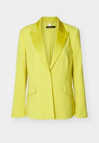 Yellow blazer featuring a notched lapel, single button closure, and two front pockets. Smooth fabric with a structured fit.