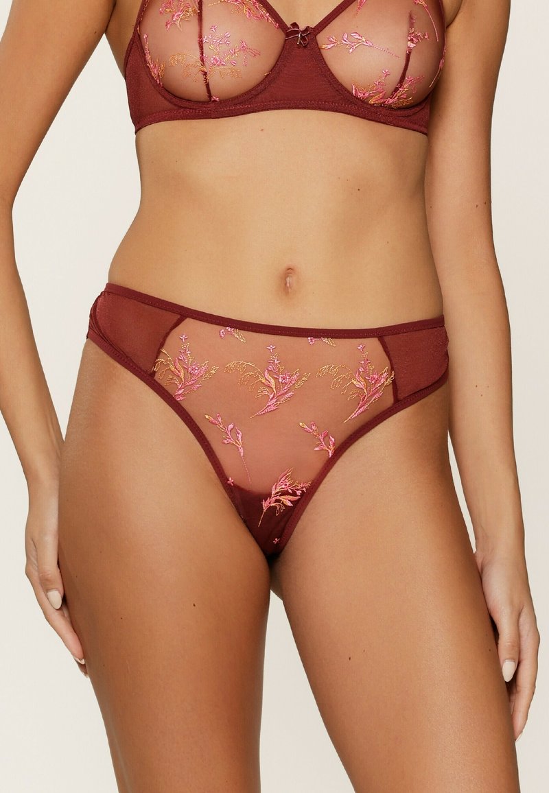 Bordó podprsenka a tanga set s průhlednými síťovými panely a růžovou a zlatou květinovou výšivkou, zdůrazňující jemný design a složité detaily.