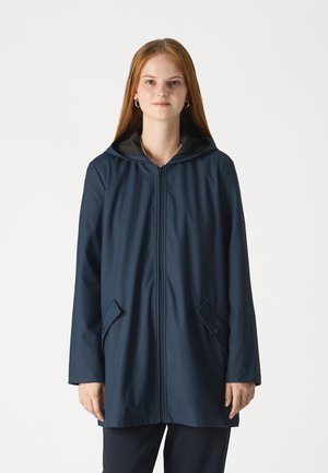 Navy blue waterproof jacket with a hood, front zipper, and side pockets. Smooth texture, long sleeves, and a relaxed fit.