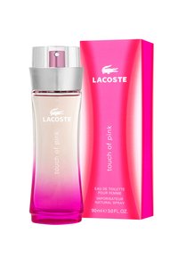 Lacoste Touch of Pink Eau de Toilette; glasflaska med en ombre rosa design, silverlock och matchande rosa låda med märke och detaljer.