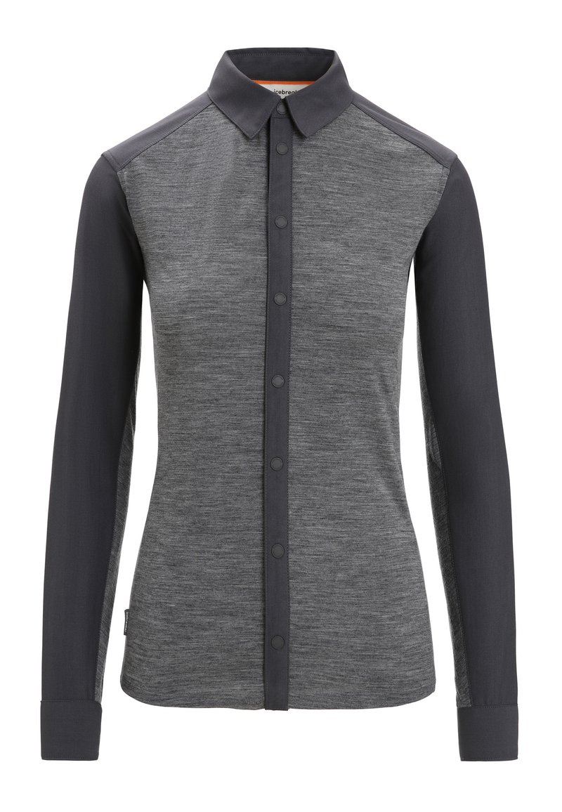 Camicia a maniche lunghe con bottoni, caratterizzata da un corpo grigio mélange con pannelli grigi scuri sulle spalle e dettagli con bottoni lungo la bottoniera.