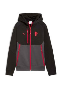 Puma capuchon sweatshirt met een zwart-grijs kleurenschema, dubbele ritszakken aan de voorkant, rode ritssluiting en logo-details op de borst.
