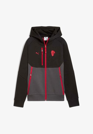 Bluza z kapturem Puma w kolorach czarnym i szarym, z podwójnymi kieszeniami na zamek z przodu, czerwonymi suwakami oraz logo na klatce piersiowej.
