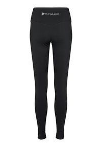 Leggings neri realizzati in tessuto elastico con vita alta; presentano il logo della U.S. Polo Assn. in bianco sulla vita posteriore.