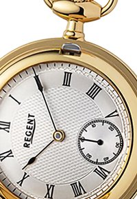 Gouden zakhorloge met een gestructureerde witte wijzerplaat, zwarte Romeinse cijfers en een subdial voor seconden. Het merk "REGENT" is weergegeven.