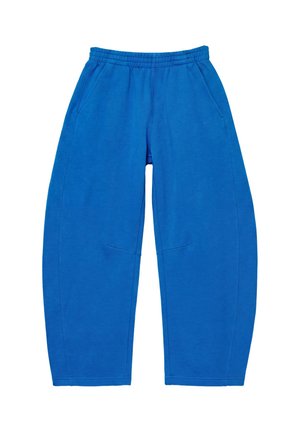 Pantalon de survêtement bleu à taille élastique avec poches latérales et coupe décontractée, posé à plat sur fond blanc.