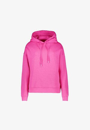 Bright pink hooded sweatshirt with long sleeves and front drawstrings, displayed on a white background.
