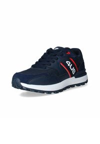 Scarpe da ginnastica navy realizzate in rete e materiali sintetici, con un sottopiede bianco, dettagli rossi e una suola in gomma testurizzata.