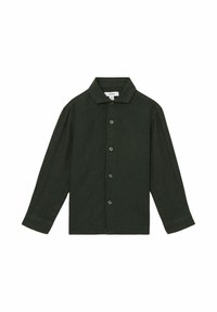 Camisa abotonada de color verde oscuro, de manga larga, con cuello, hecha de una tela texturizada y con seis botones visibles en el frente y un dobladillo recto.