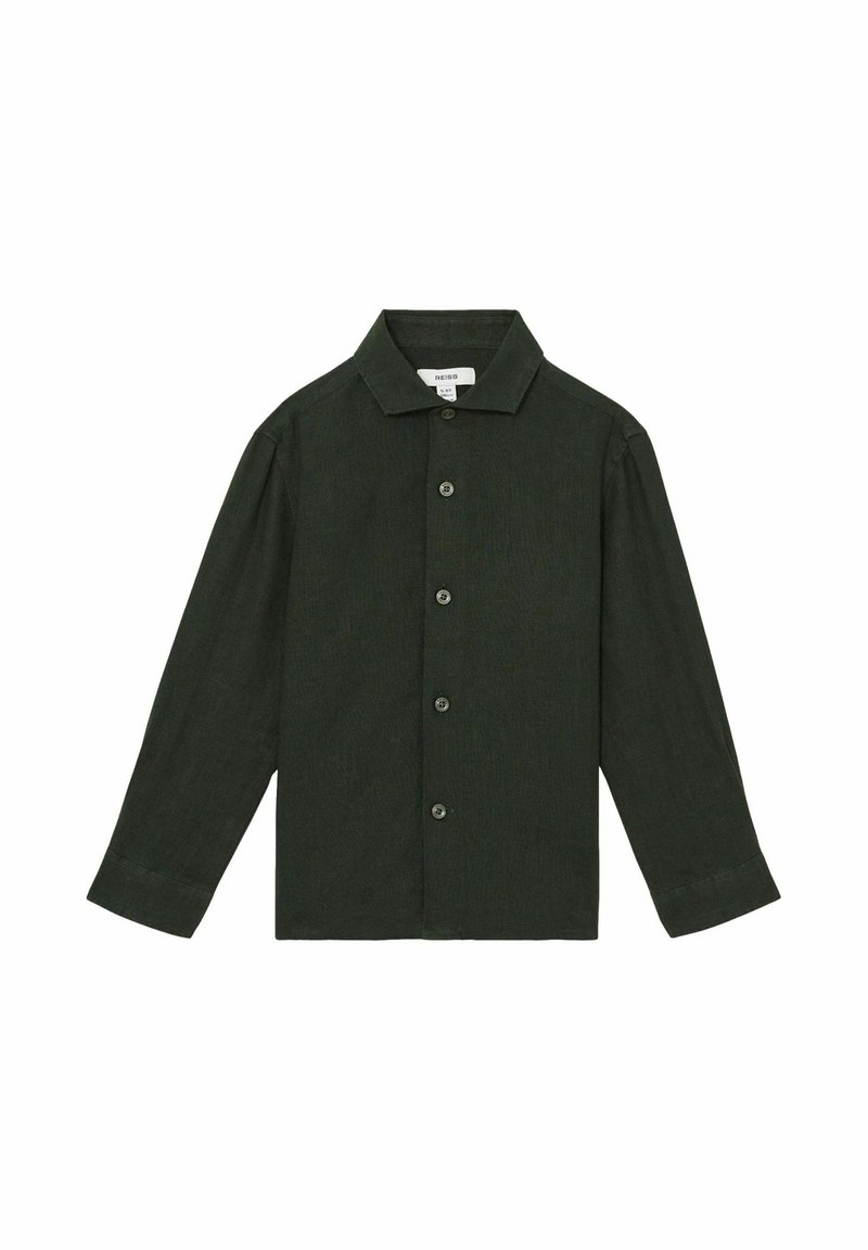 Camisa abotonada de color verde oscuro, de manga larga, con cuello, hecha de una tela texturizada y con seis botones visibles en el frente y un dobladillo recto.