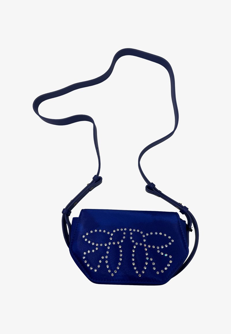 Borsa a tracolla blu con dettagli in strass che rappresentano un motivo a foglia, realizzata in materiale liscio e dotata di una sottile tracolla. Forma esagonale, design compatto.